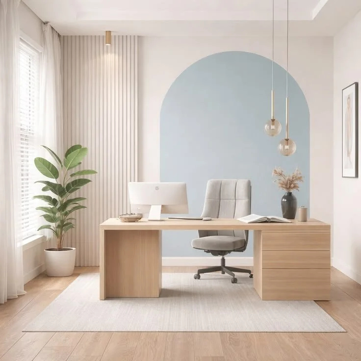 Modern home office with a light wooden desk, gray office chair, potted plant, pendant lights, and a blue semi-circular wall accent.