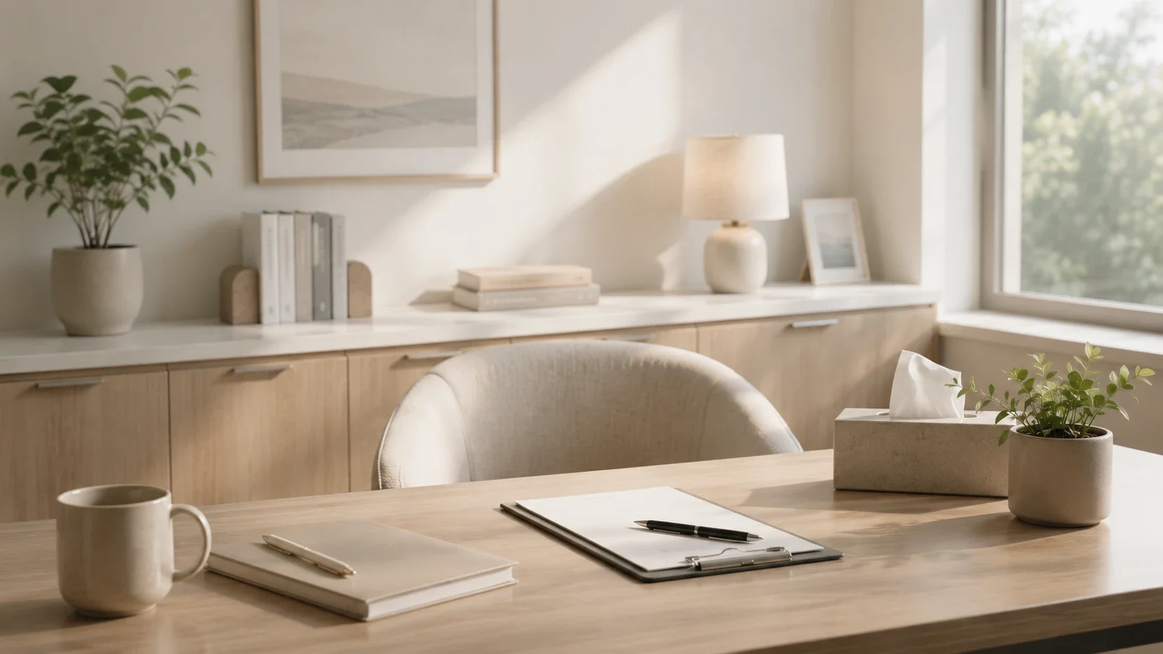 A cozy, minimalist home office or dining area featuring a wooden table with a notebook, clipboard, pen, mug, and a potted plant. Background includes a sideboard with books, a lamp, a framed picture, and decorative items. Natural light streams in through a window, illuminating the space.