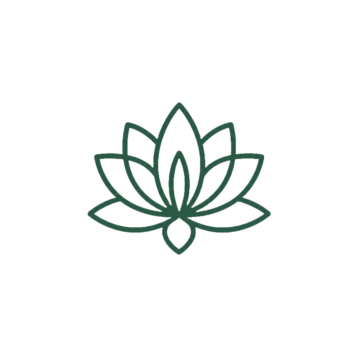 Outline of a stylized lotus flower with multiple petals, depicted with a simple dark green line drawing on a transparent background.