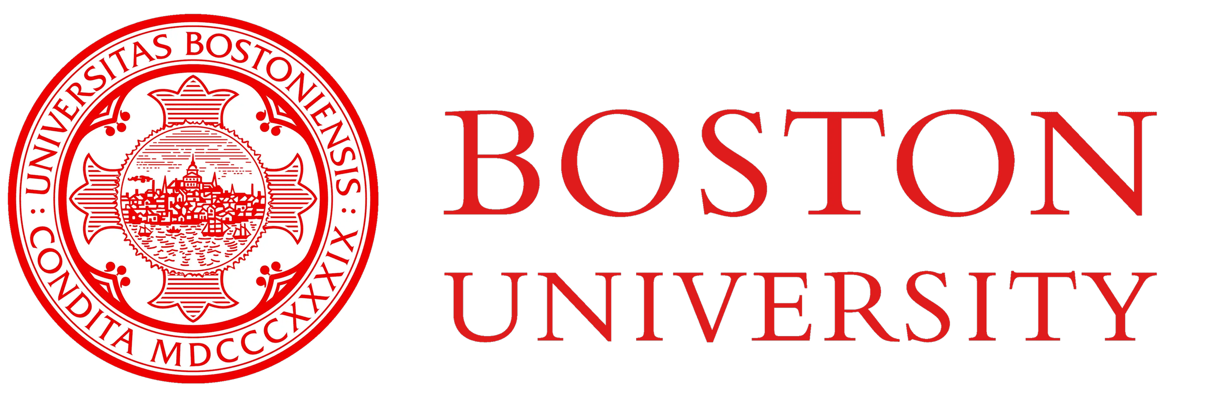 Boston University logo featuring a red and white seal with a depiction of a cityscape and a waterfront, alongside the university's name in bold red letters.