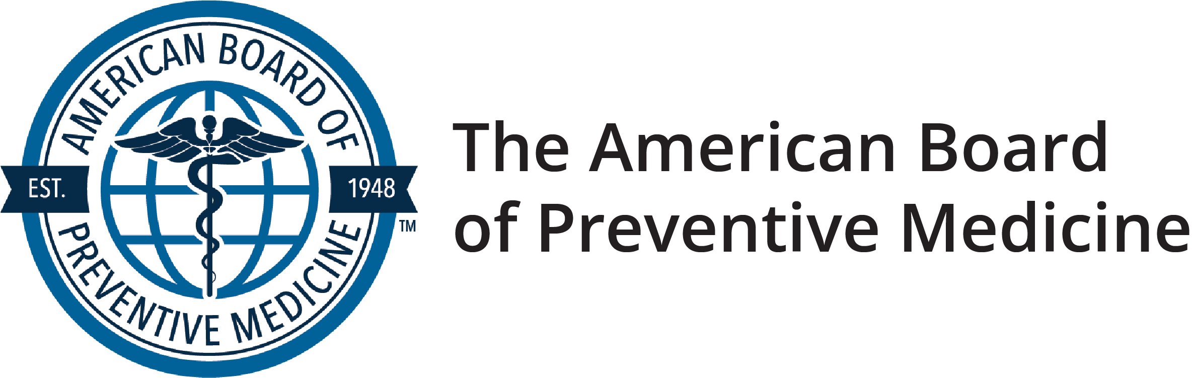 Logo of the American Board of Preventive Medicine, featuring a caduceus symbol with wings surrounded by text 'American Board of Preventive Medicine' and establishment year 1948.