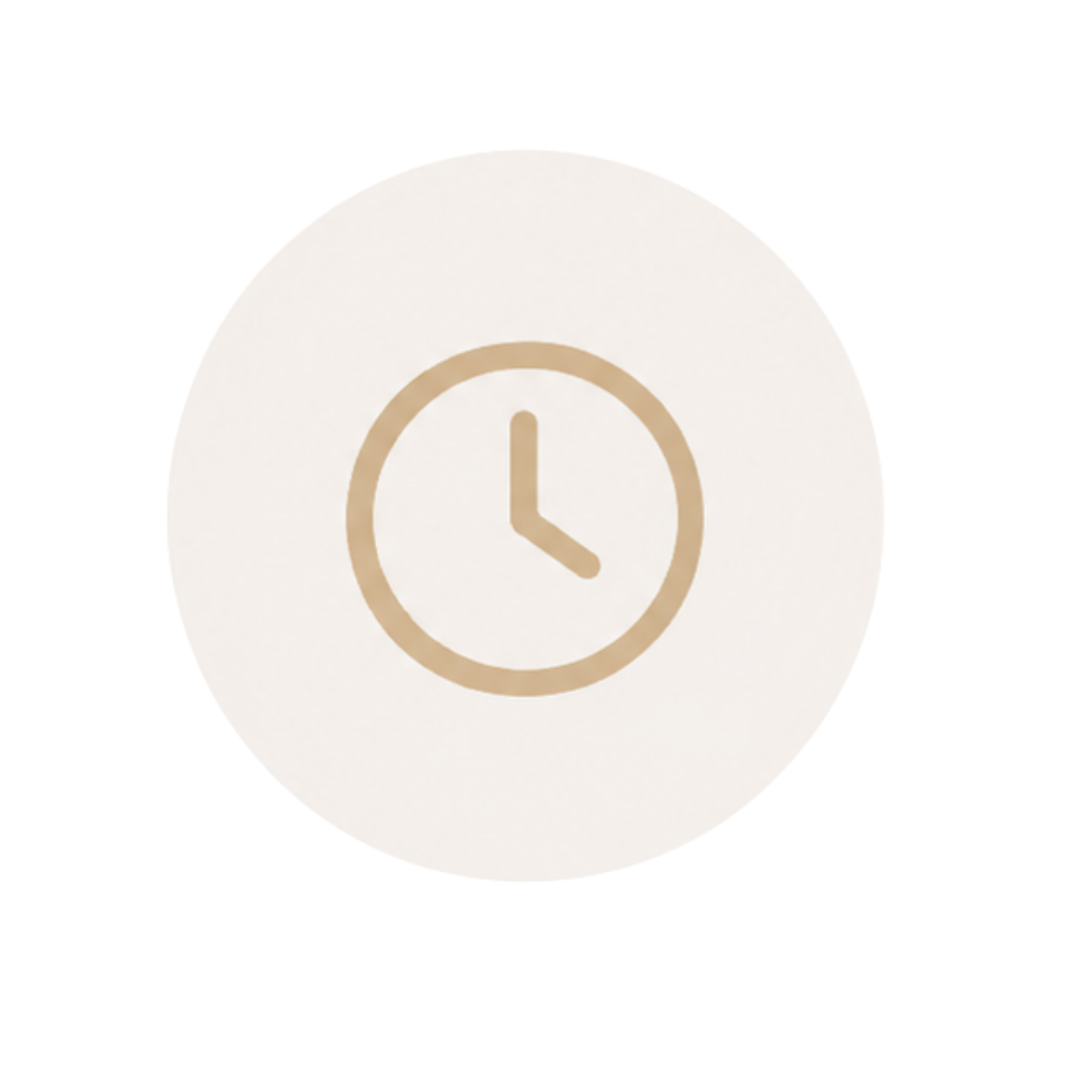 Icon of a clock with a beige outline on a white circular background.