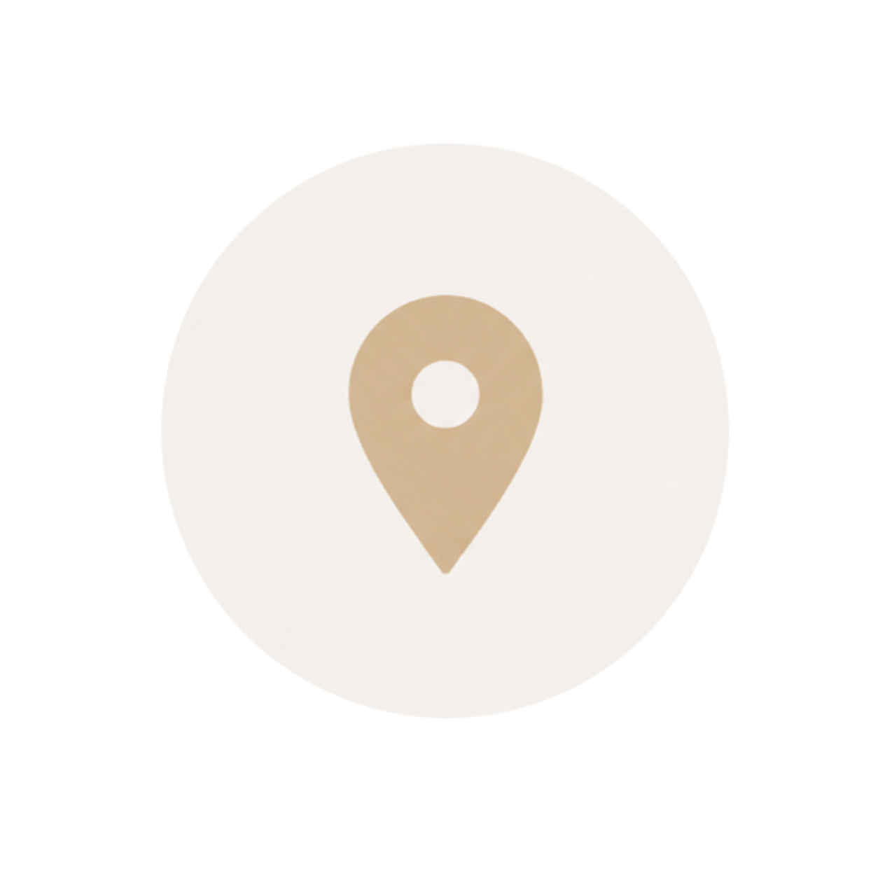 Map pin icon with a beige color on a white circular background.