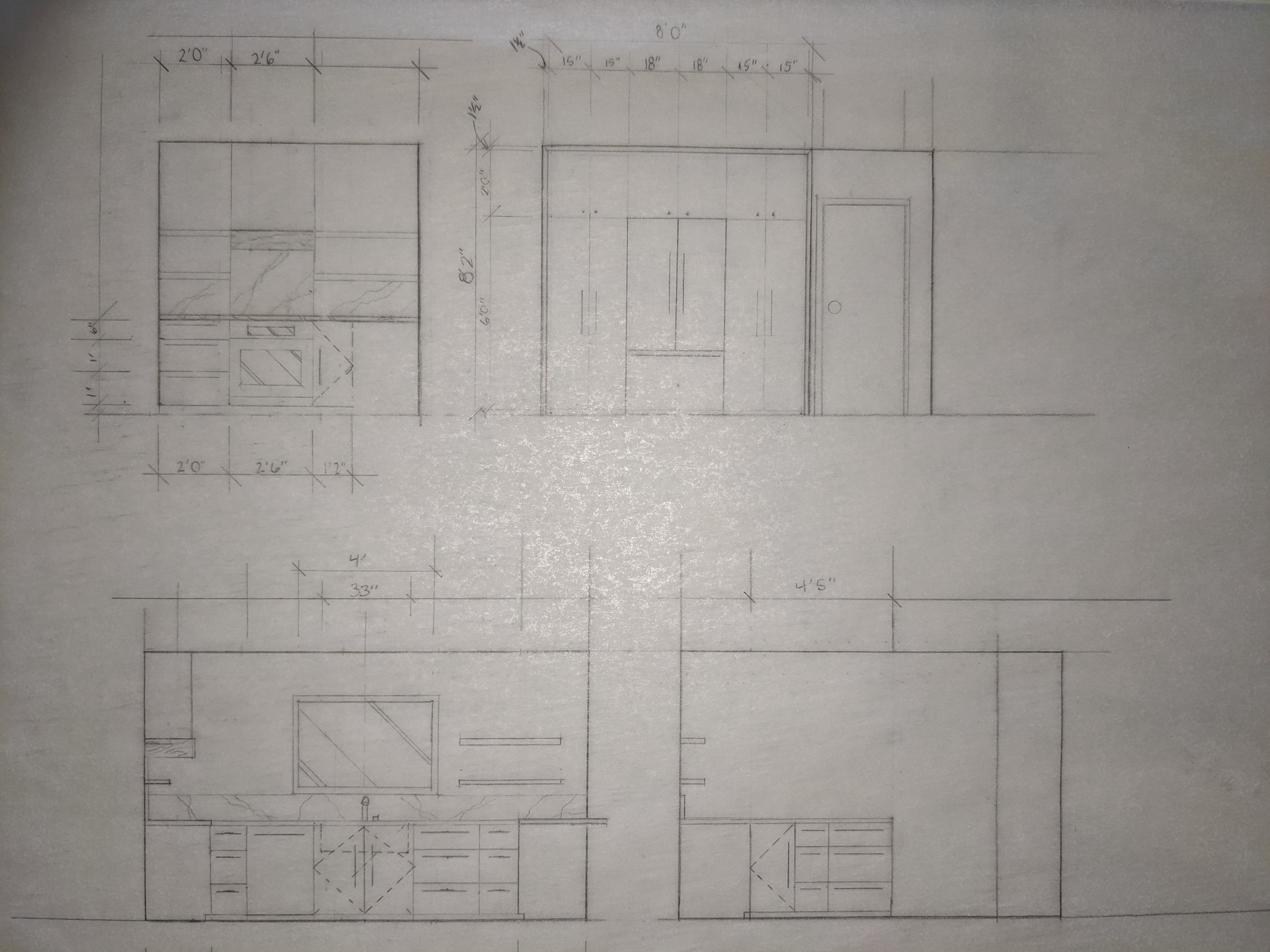 Hand drawn elevations of the kitchen cabinetry. 