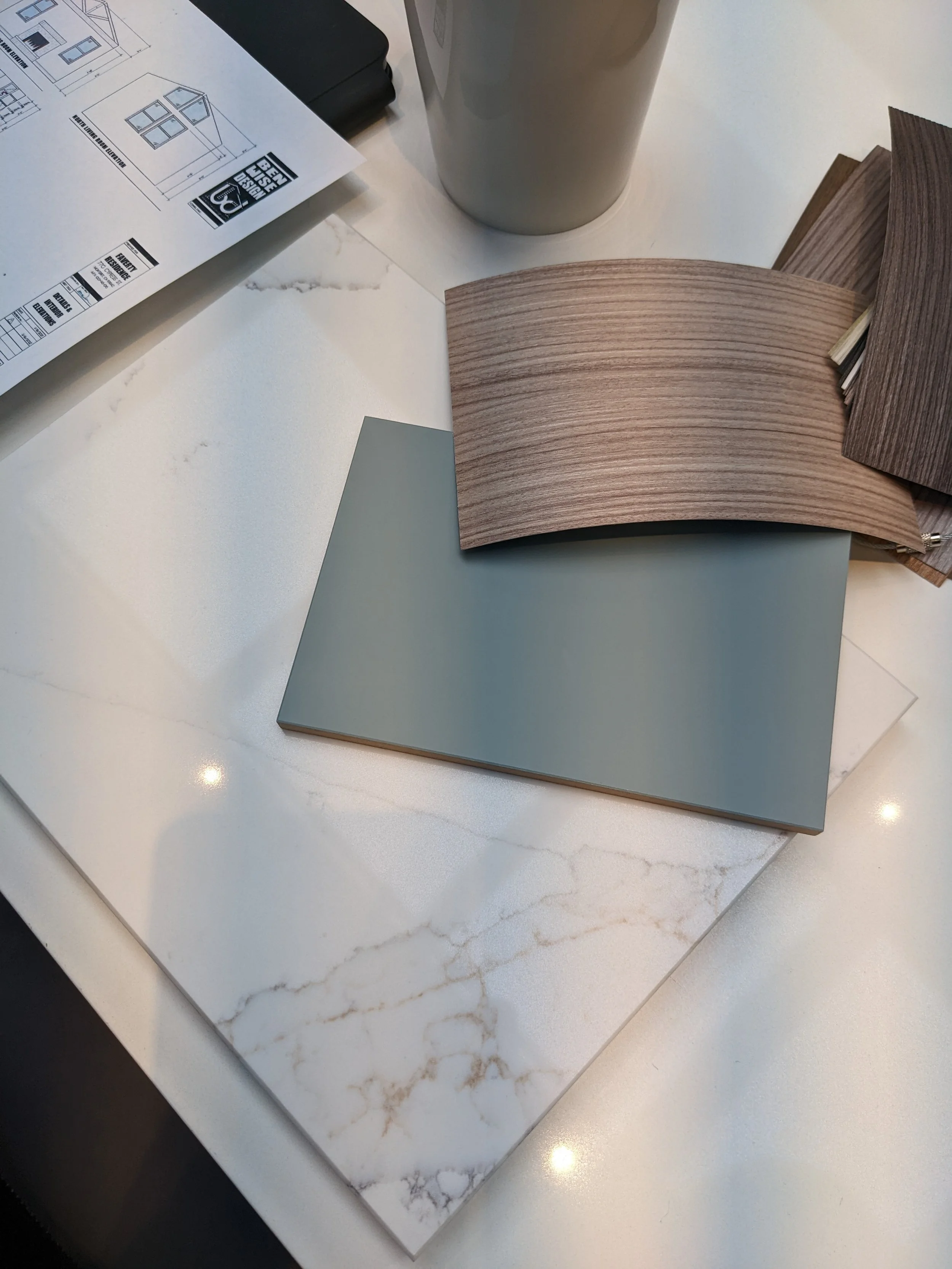 Cabinetry and countertop finishes. 