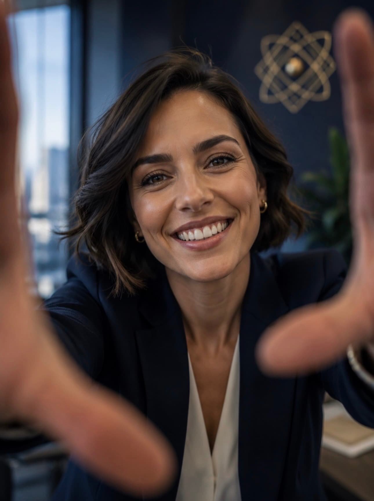 Mujer joven sonriendo, vista frontal, en un entorno de oficina moderna.