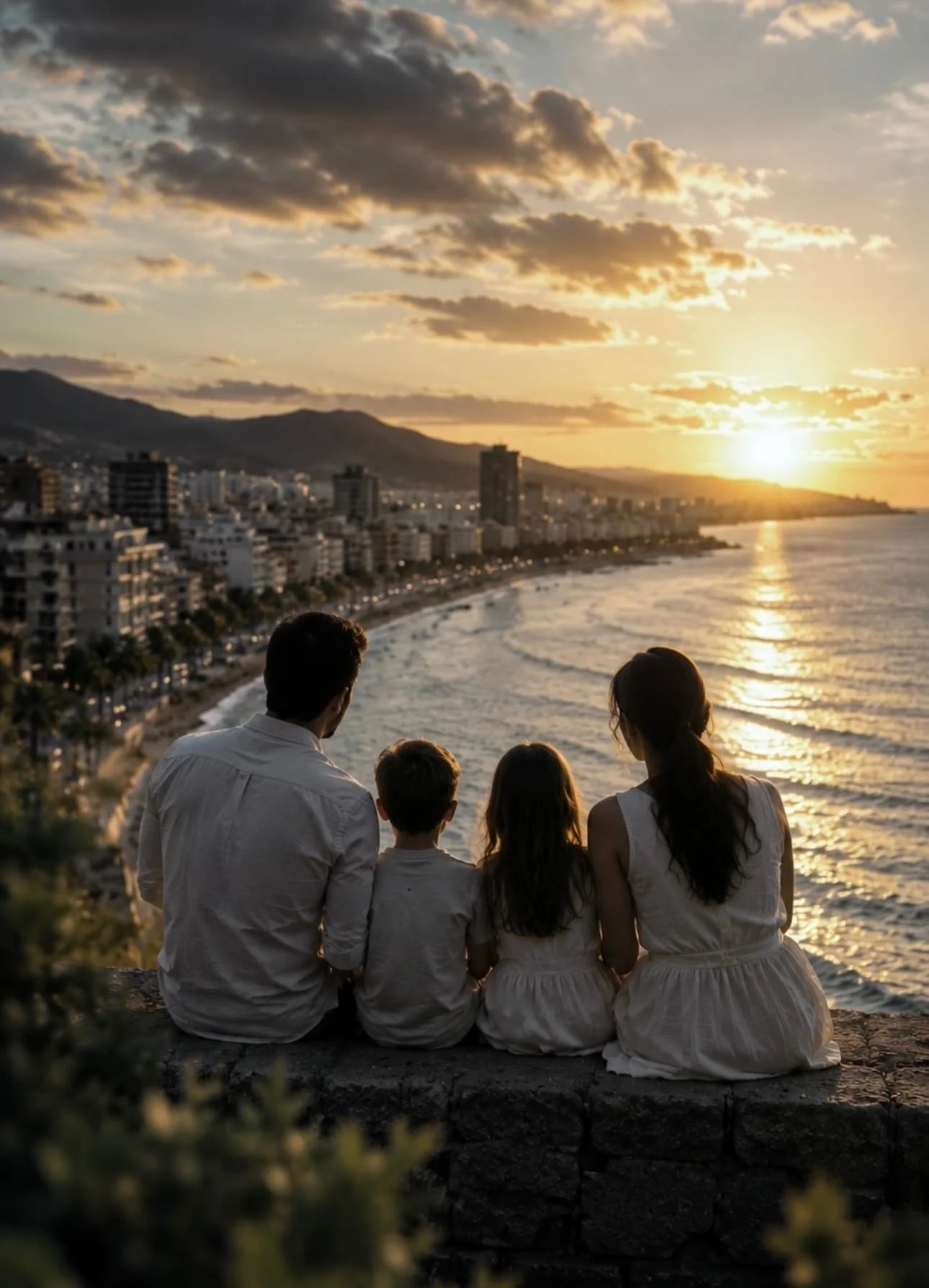 Una familia vista desde atrás, disfrutando de la puesta de sol en la playa con edificios y montañas en el fondo.