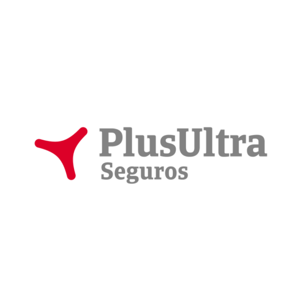 Logotipo de Plus Ultra Seguros con un símbolo rojo en forma de Y y texto en gris oscuro.