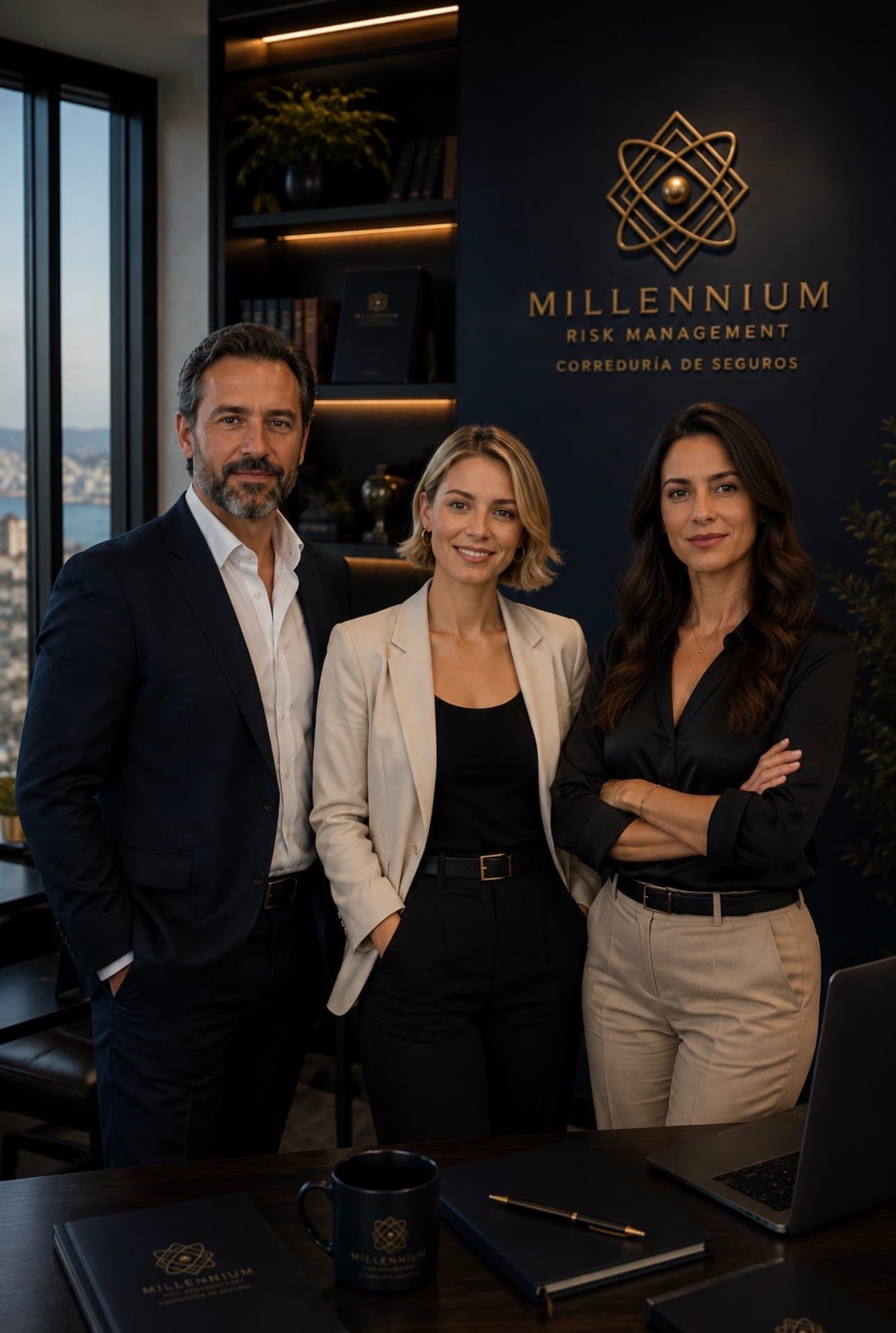 Tres profesionales en oficina con logo de Millennium Risk Management y libros sobre seguros, vista de ciudad desde ventana.