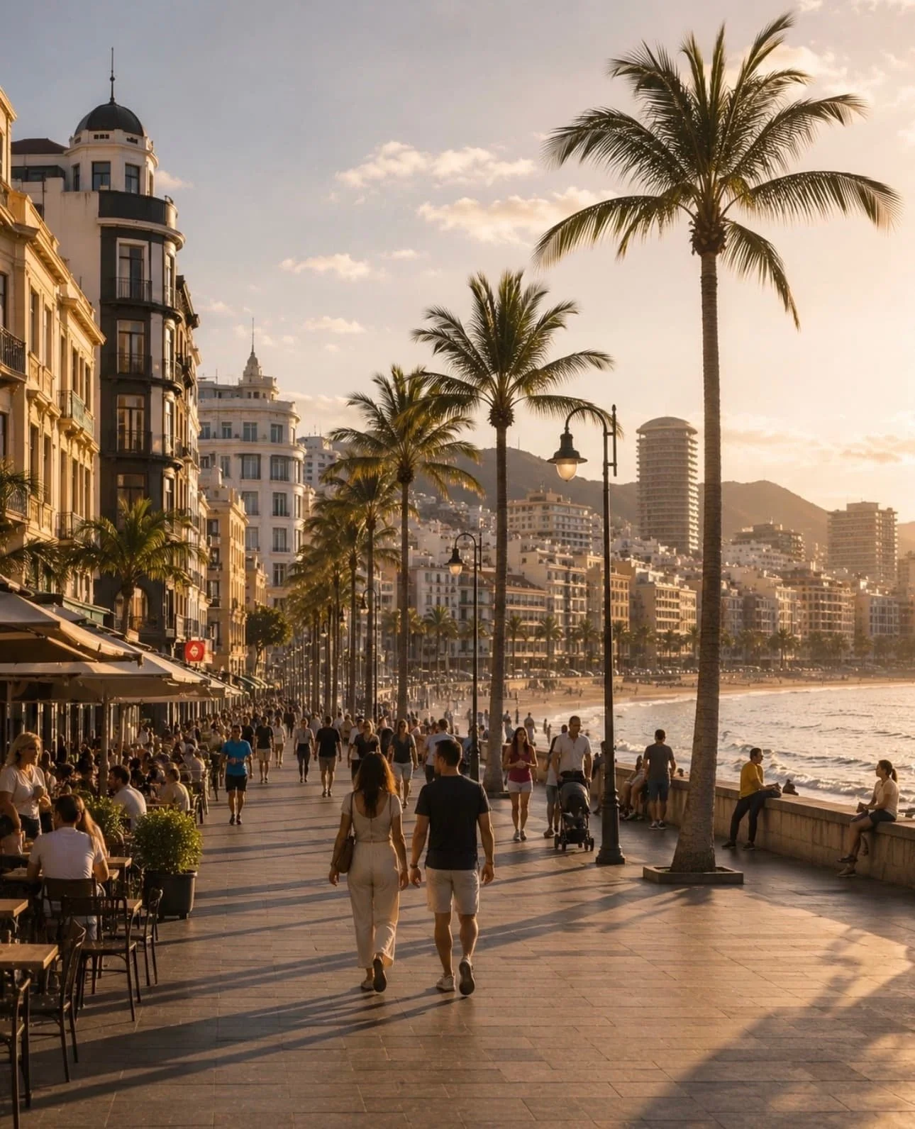 Paseo peatonal frente a la playa con palmeras, edificios altos al fondo y muchas personas caminando y sentadas disfrutando del atardecer en un día soleado.