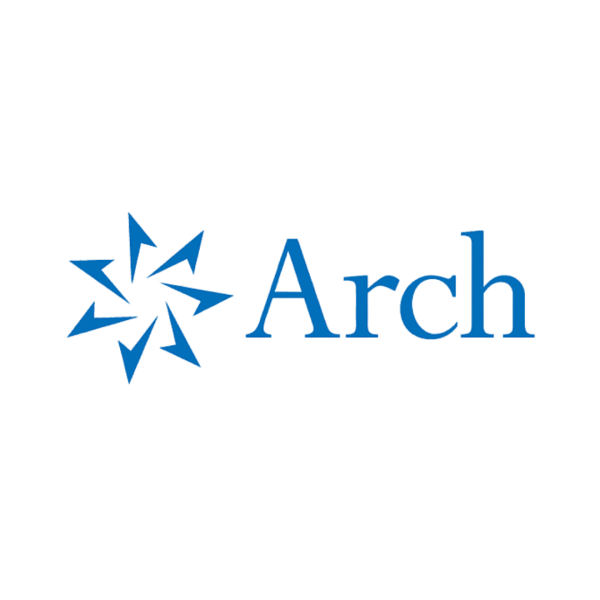 Logotipo azul con un símbolo de estrellas formado por flechas y la palabra 'Arch' en letras azules.