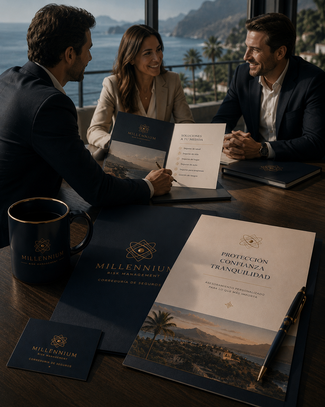 Documentación y material corporativo de seguros Millennium en entorno profesional inspirado en las Islas Canarias.