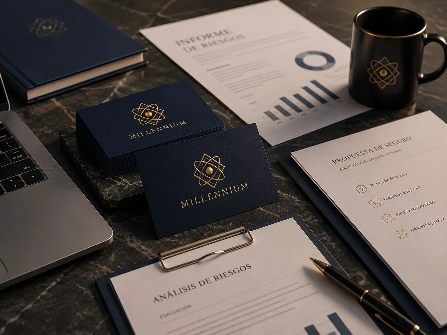 Material de oficina y materiales de presentación para una empresa, incluyendo tarjetas de presentación, informes, un bolígrafo, una taza con el logo de la empresa y una laptop, sobre una mesa de mármol.