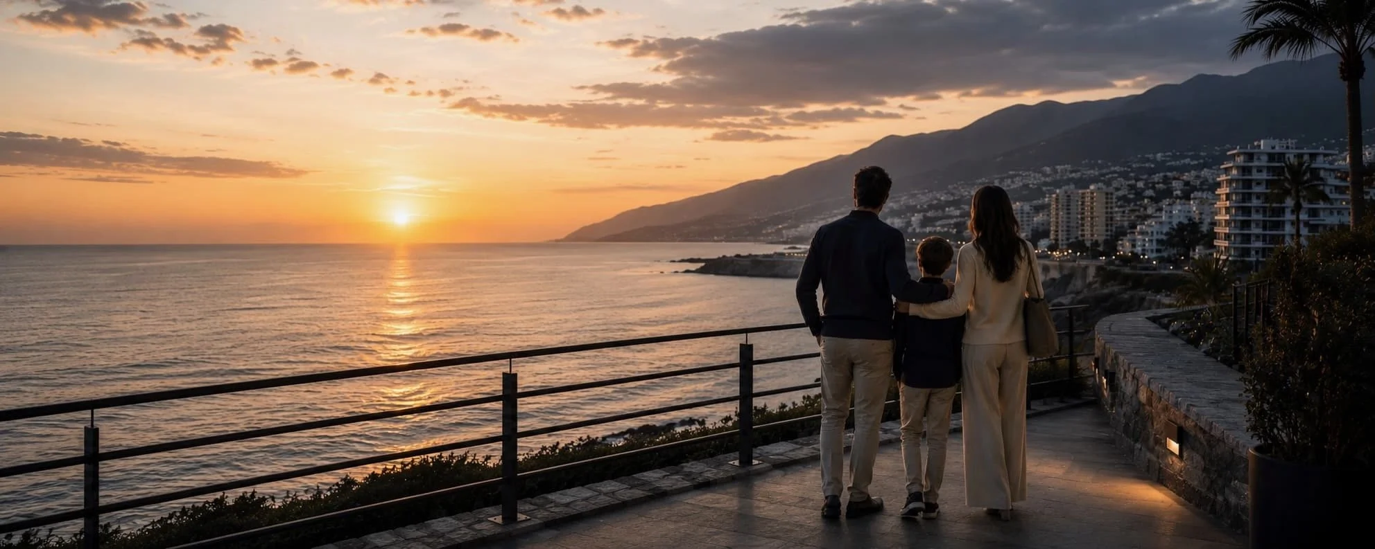 Una familia de tres personas caminando por un mirador frente al mar durante la puesta del sol, con edificios y montañas en el fondo.
