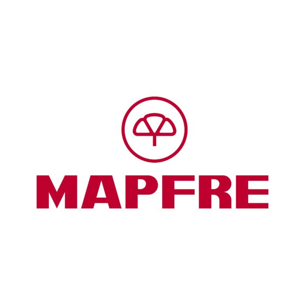 Logotipo de Mapfre con un símbolo circular y el texto en color burdeos.