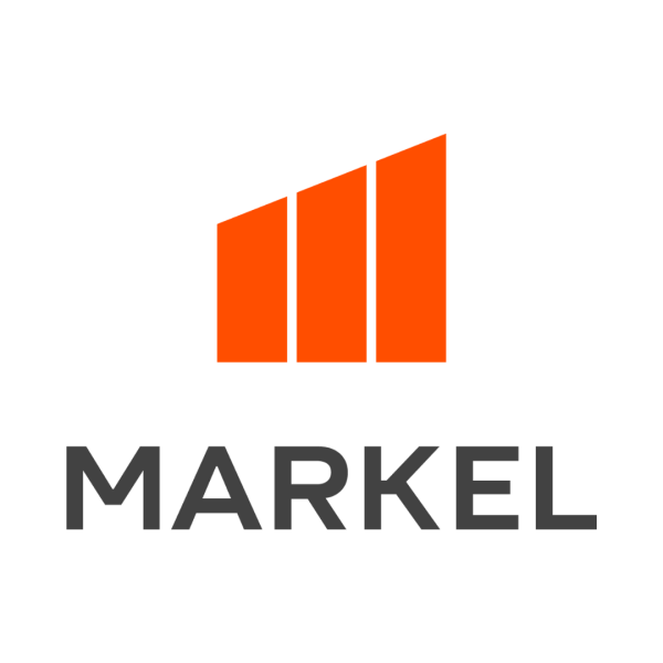 Gráfico de barras en forma de flecha ascendente en color naranja y negro, con la palabra 'MARKEL' debajo.