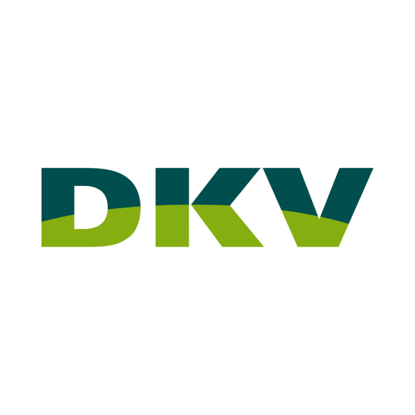 Logotipo de la organización DKV con letras verdes y azul oscuro.