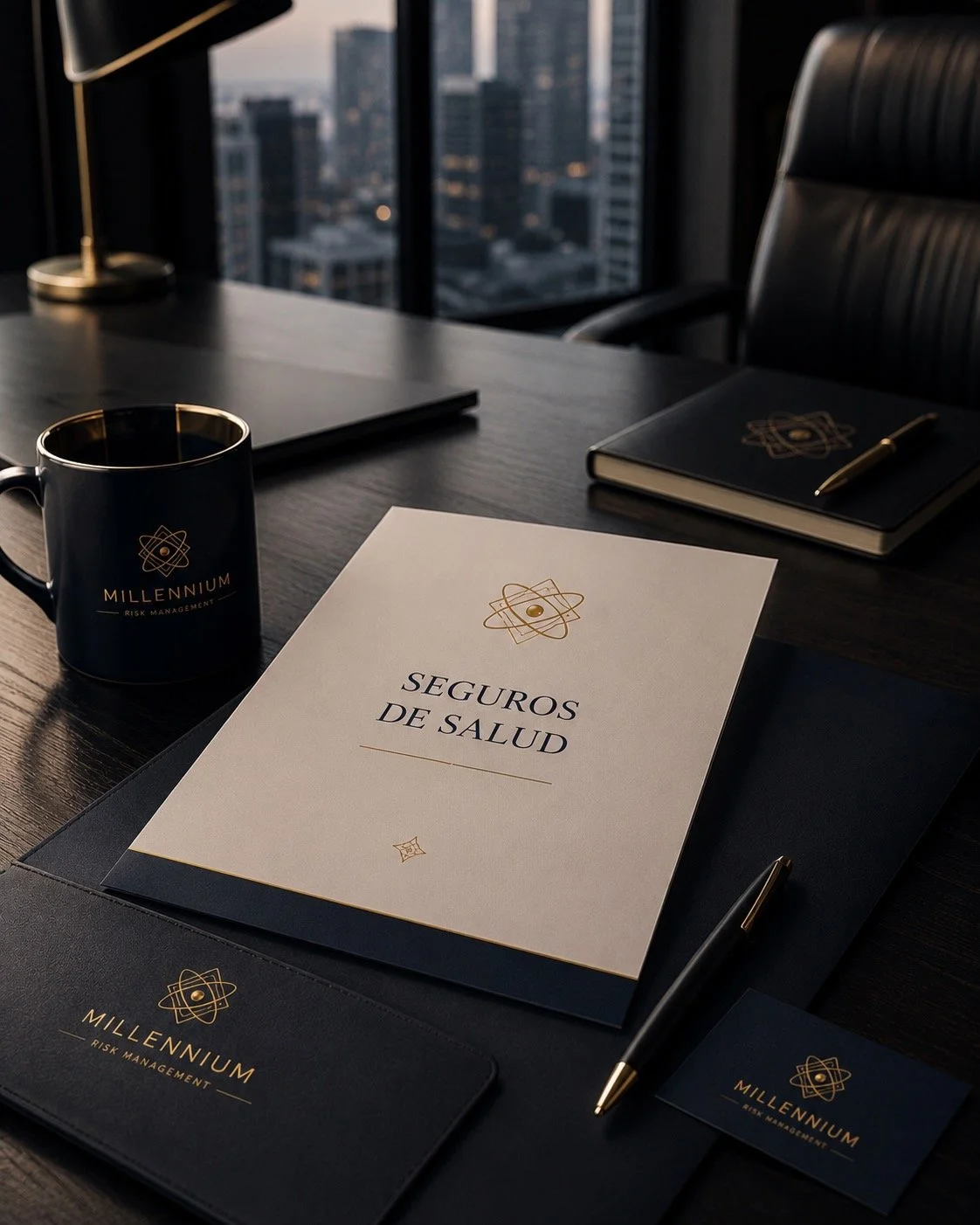 Documentos y artículos de oficina en una mesa de oficina con vista a un horizonte urbano, incluyendo una taza, un cuaderno y una libreta con el logo de Millennium Risk Management.