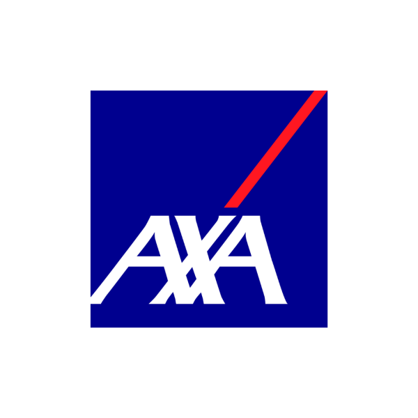 Logotipo de AXA con fondo azul, letras blancas y una línea roja diagonal en la esquina superior derecha.