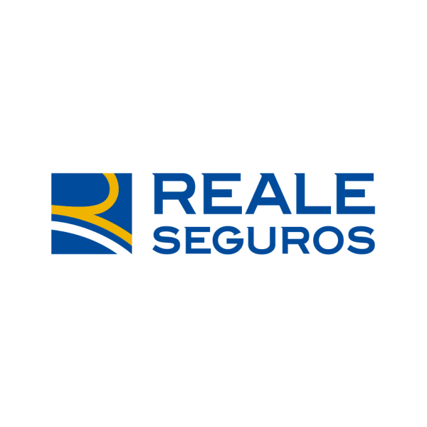 Logotipo de Reale Seguros con una figura abstracta en azul, amarillo y negro y el texto 'Reale Seguros' en azul.