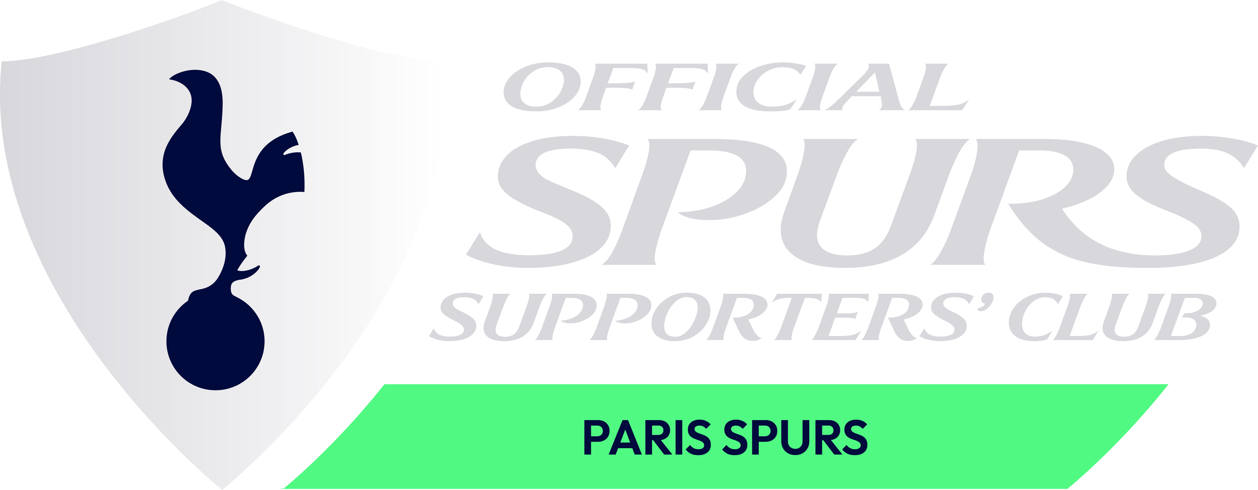 Logo officiel du club de supporters des Spurs de Paris représentant un bouclier avec un oiseau stylisé bleu foncé et un ballon de football, avec le texte "Official Spurs Supporters' Club" et une bannière verte indiquant "Paris Spurs".