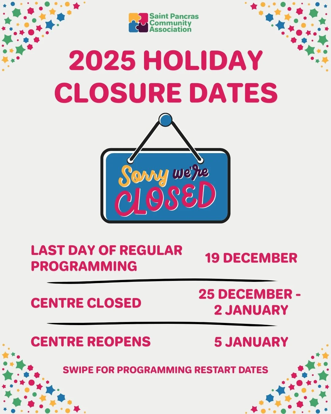 SPCA - Christmas closure and new year opening dates 🎄

Wishing everyone a Merry Christmas and a happy New Year! 🥳