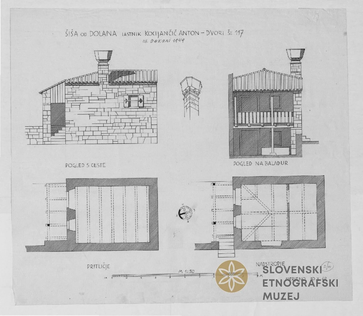 Architectural drawing of a traditional Slovenian house with side and front views, cross-section, and floor plan, with a logo of the Slovenian Ethnographic Museum at the bottom right.