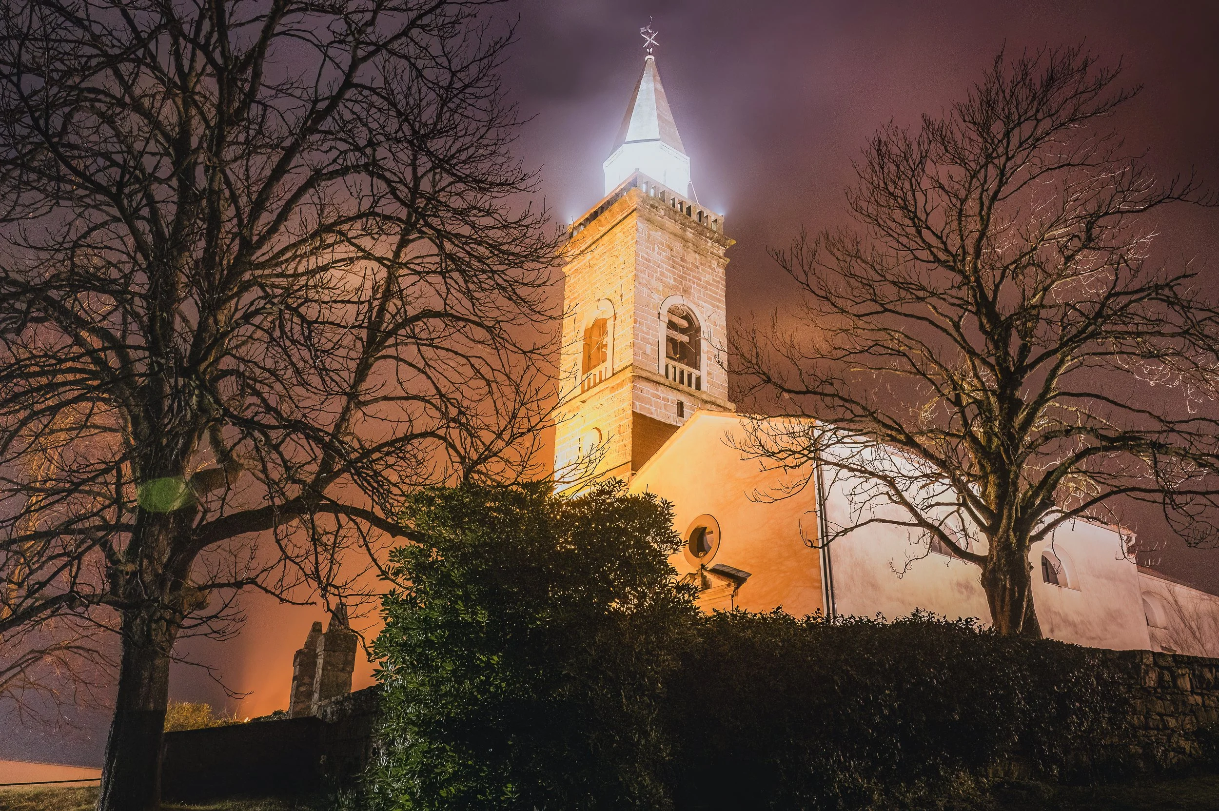 Night view of a church with a tall steeple illuminated, surrounded by leafless trees and dark bushes, against a cloudy sky.