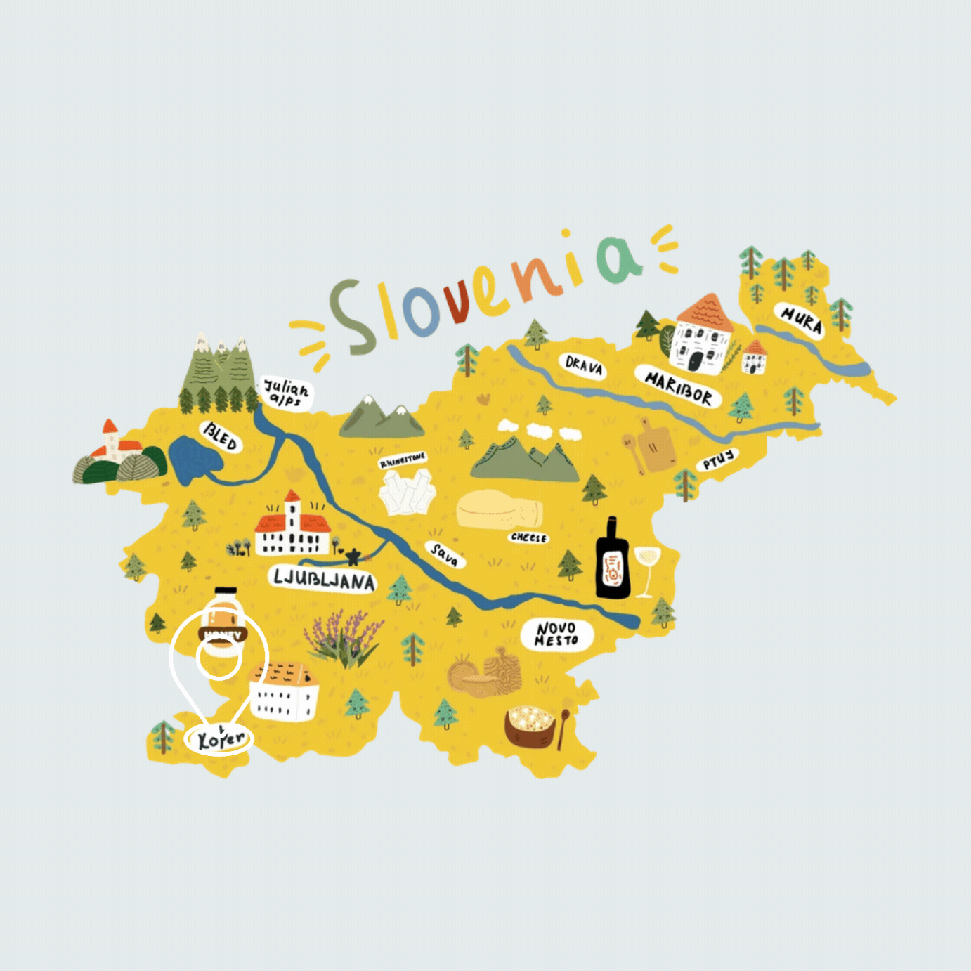 Map of Slovenia with colorful illustrations of landmarks, mountains, rivers, and local products such as honey, cheese, wine, and bread. Cities like Ljubljana, Maribor, and Mura are labeled along with icons representing local cuisine and scenery.
