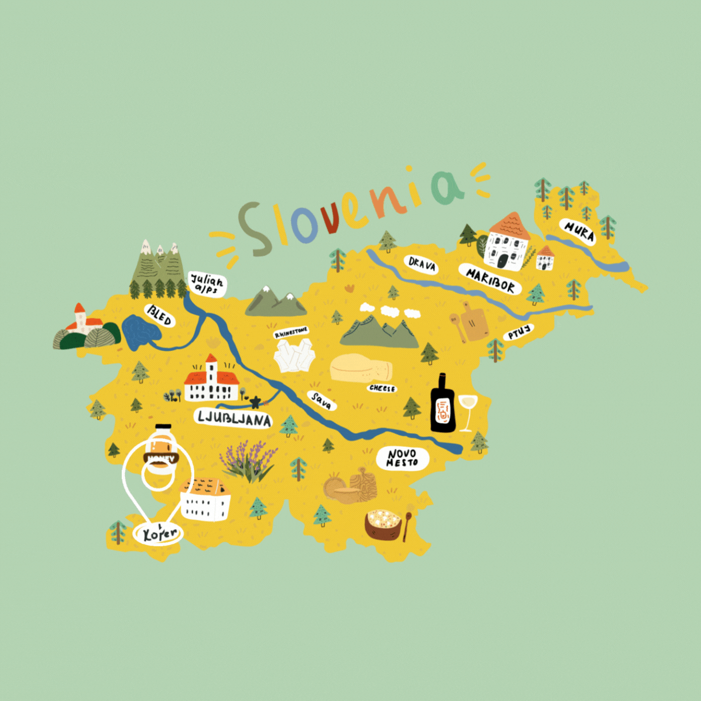 Illustrated map of Slovenia with landmarks, mountains, rivers, and symbols representing cities and regional features in a colorful, cartoon style.
