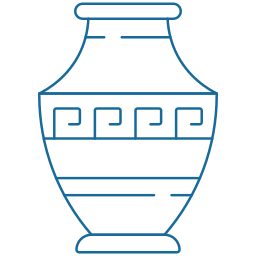 A blue celebration badge with a gift box inside a circle and two popcorn buckets on either side, indicating a celebration or special event.