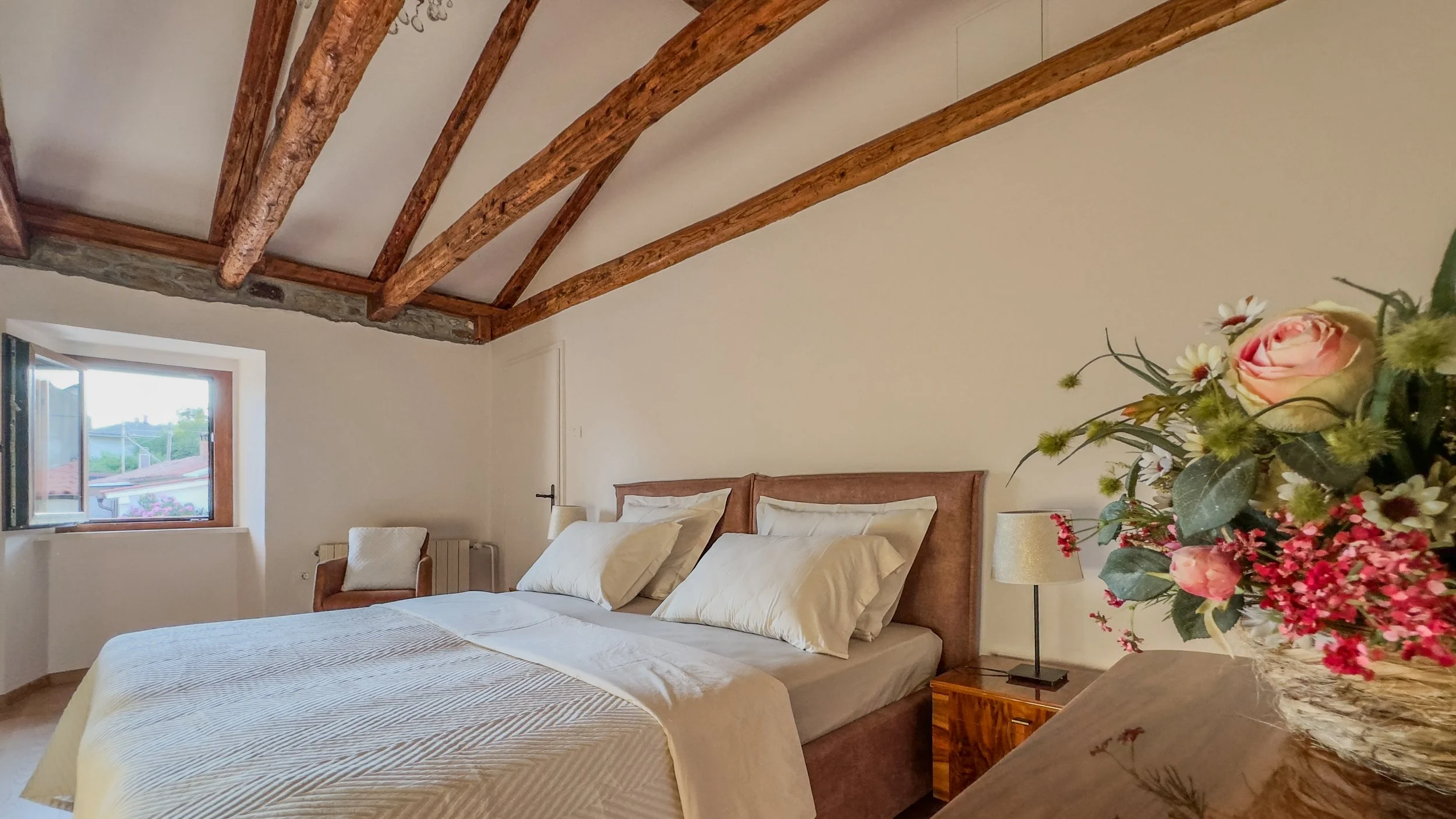Stone room with wooden beams