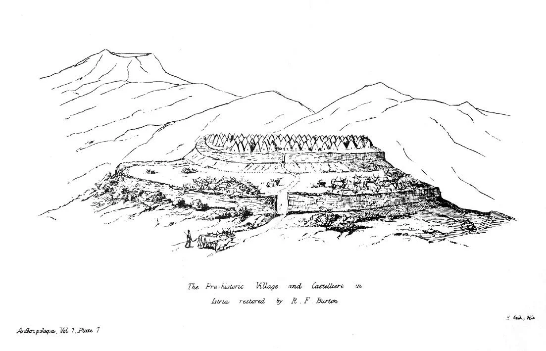 A line drawing of a prehistoric village with circular timber structures on a stepped hillside, with mountains in the background and a person herding cattle in the foreground.