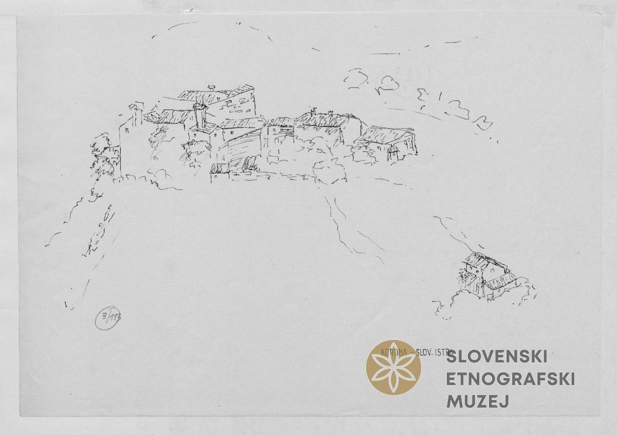 Sketch of a hilly landscape with buildings, trees, and cloudy sky, with a logo and text for Slovenski Etnografski Muzej.