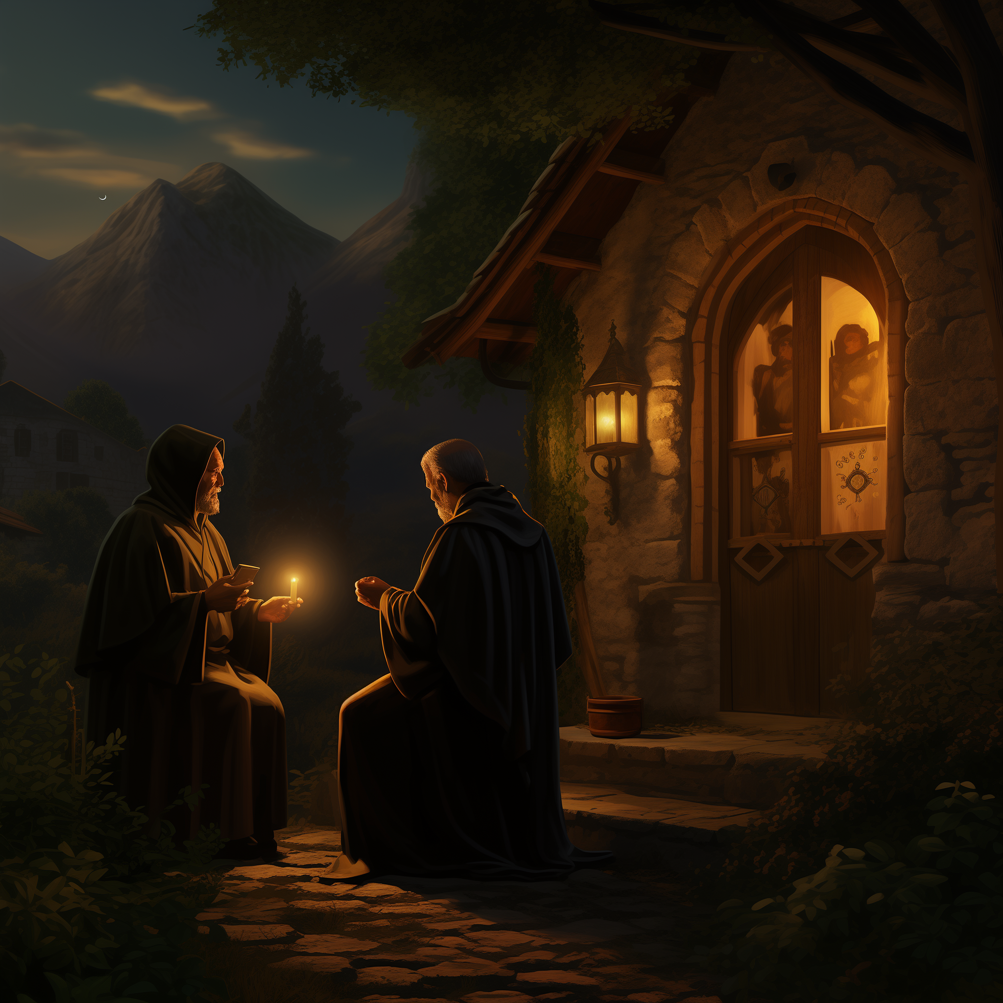 Two monks sitting outside a stone house at night, one holding a candle, with a mountain and trees in the background. Other figures are visible through the window.