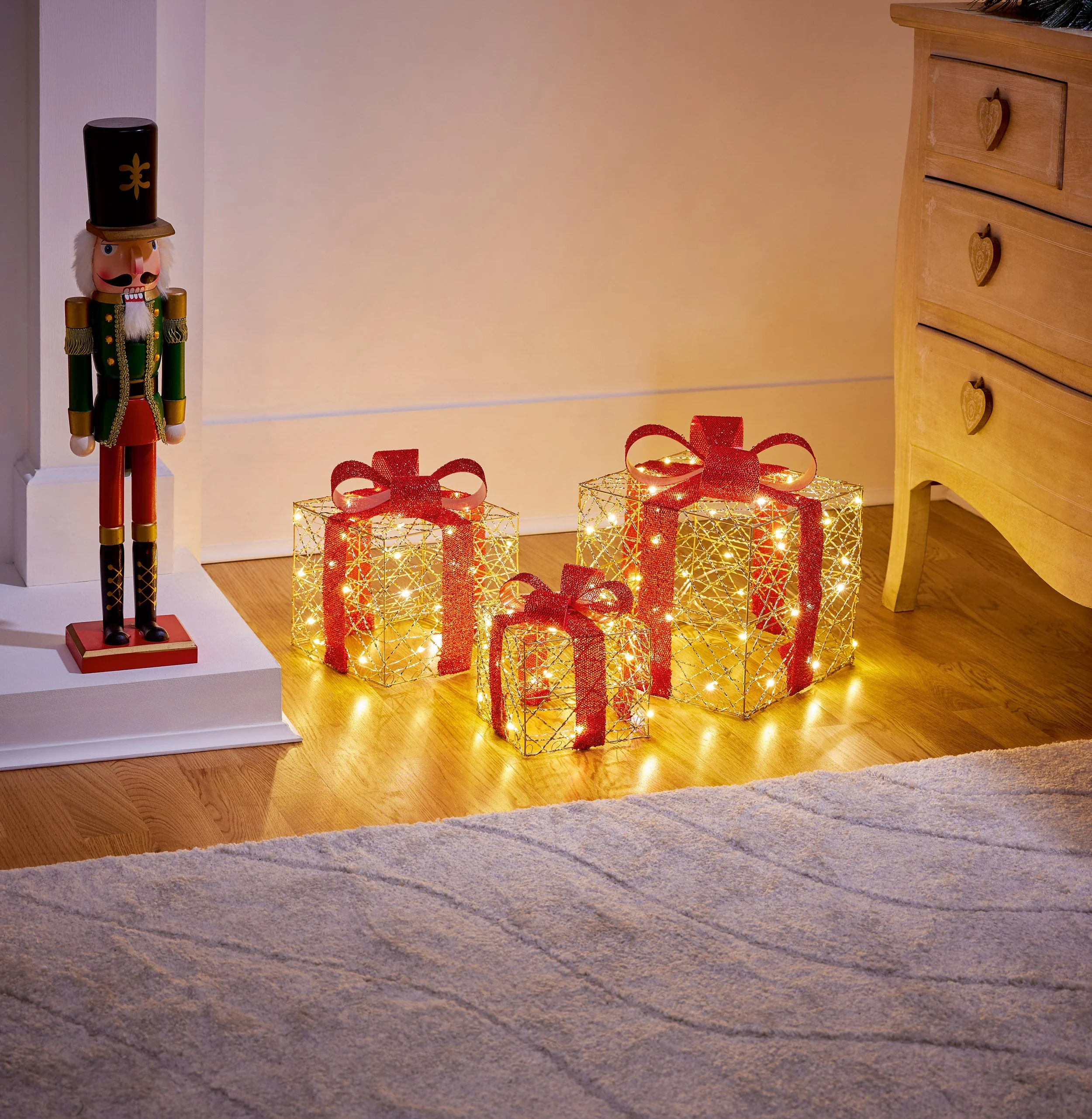 Set of 3 Lit Golden Elegance Christmas Parcels with Red Bows, 90 Warm White LED