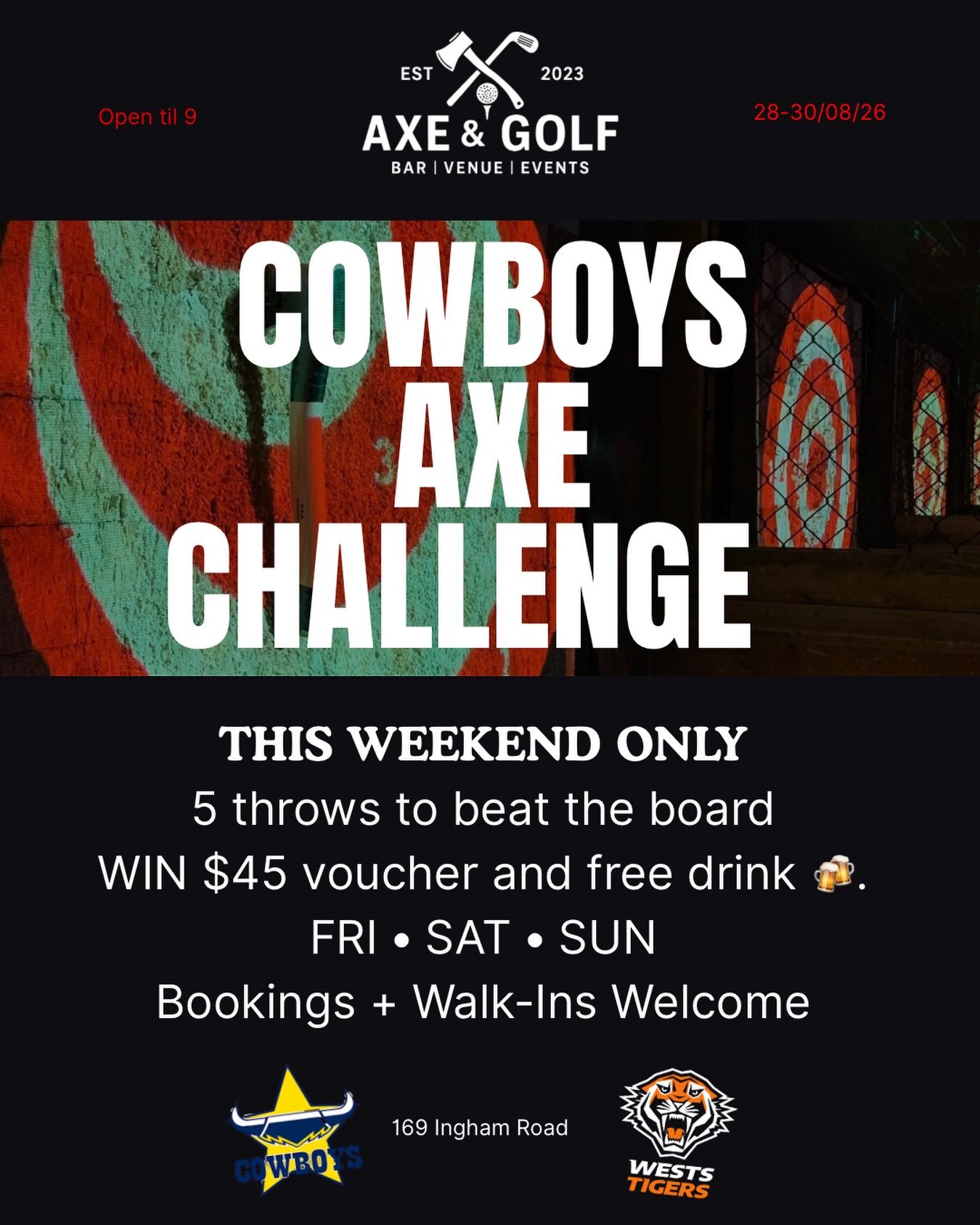 🤠🪓 THE COWBOYS AXE CHALLENGE IS ON! 🪓🤠

Think you&rsquo;ve got what it takes to take the crown? 👀

THIS FRIDAY&ndash;SUNDAY, everyone who throws an axe at Axe &amp; Golf gets 5 challenge throws for their chance to top the leaderboard!

🏆 Highes