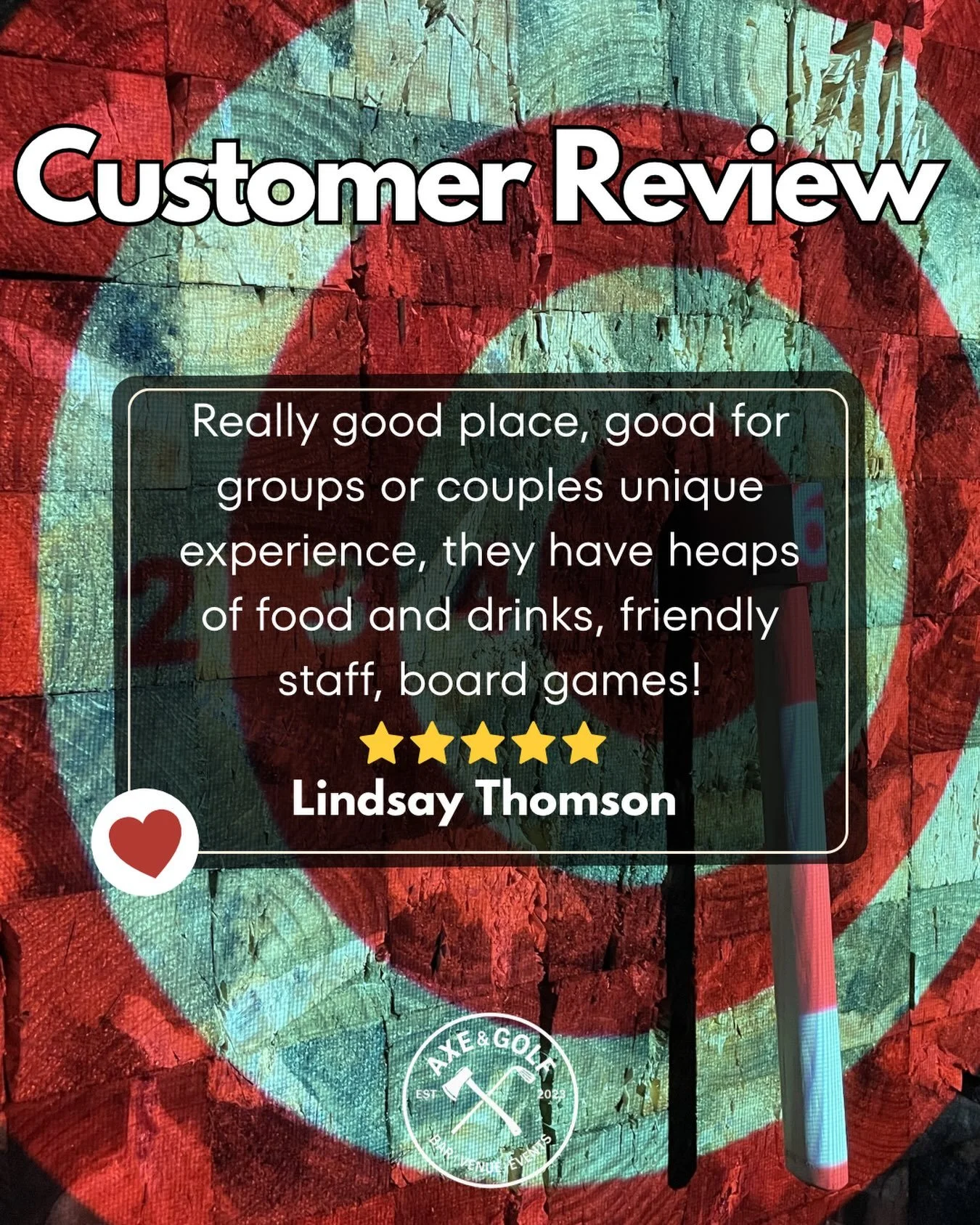 ⭐️ Loved your visit? Let us know!

Leave us a review and you&rsquo;ll go into our monthly draw to WIN FREE AXE THROWING! 🪓🎯 DRAWN THIS WEEKEND 

Every review left that month = one chance to win 👀

Thanks for the support! ❤️

#axeandgolf #axethrowi
