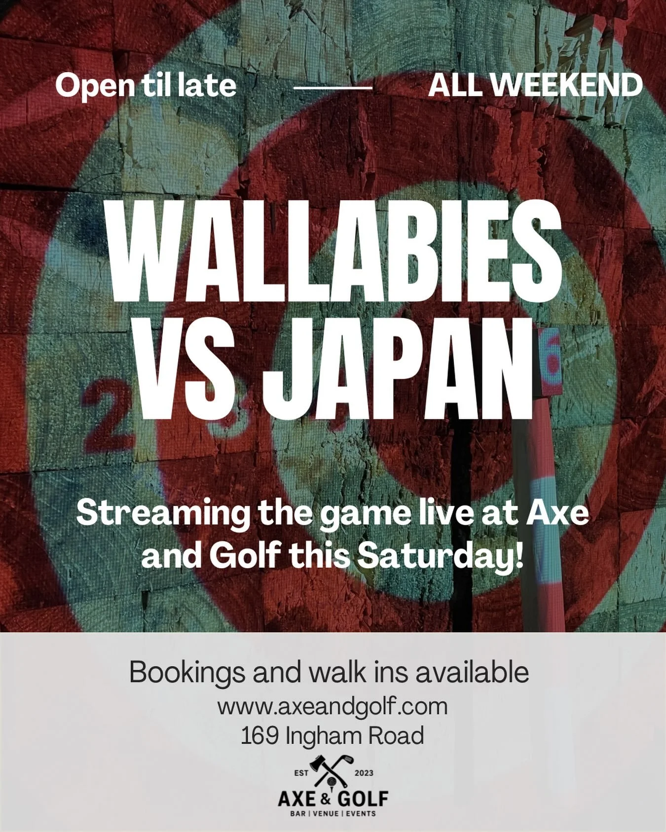 🏉🇦🇺 Heading to the game or just need a place to watch? 👀

Open 10AM till late!!! Come in early, grab a drink and some nibbles, hit the golf simulators or axe throwing, then head to the match! 🪓⛳️

We&rsquo;re just a 10-minute drive from the stad