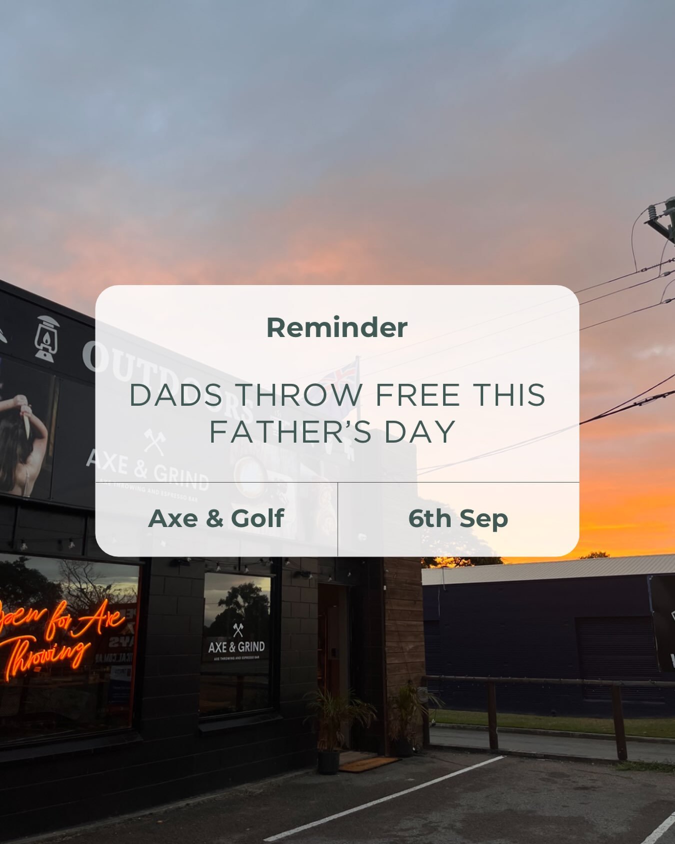 Only 3 days to go! 🪓💙

Dads throw FREE this Father&rsquo;s Day at Axe &amp; Golf! Treat Dad to a little friendly competition, a few laughs and a whole lot of axe throwing. 🎯

📅 Sunday, 6th September
🪓 Dads throw FREE with every paying guest
⛳️ P