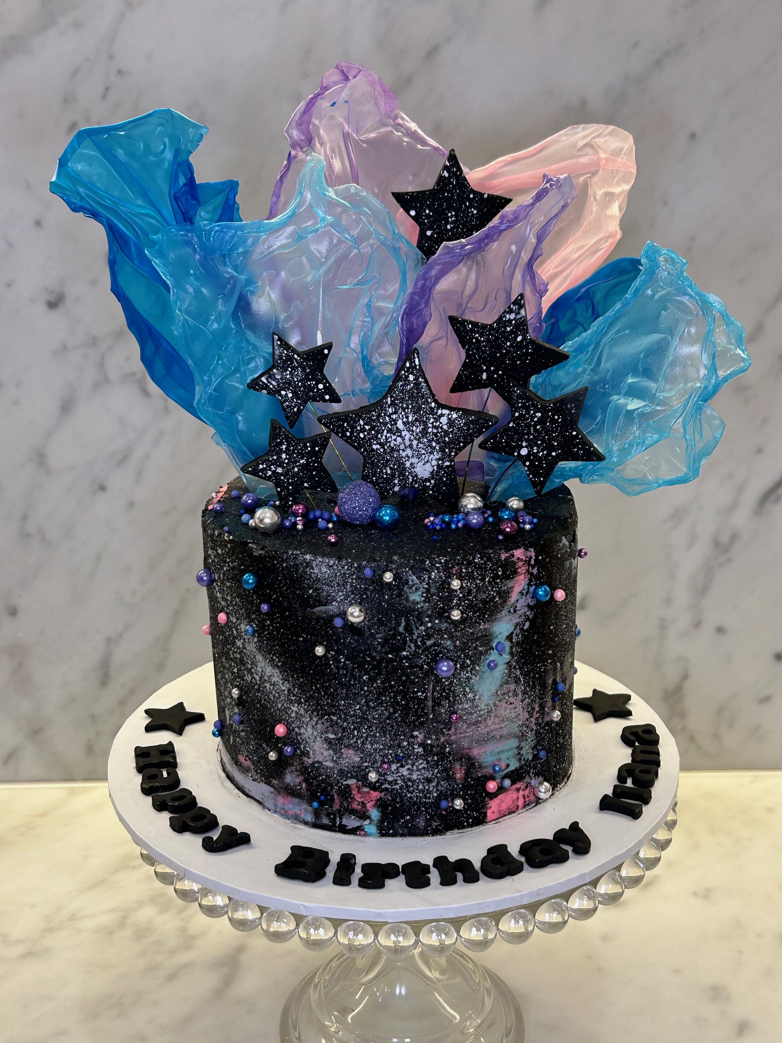Galaxy cake - chocolate cake filled with salted caramel