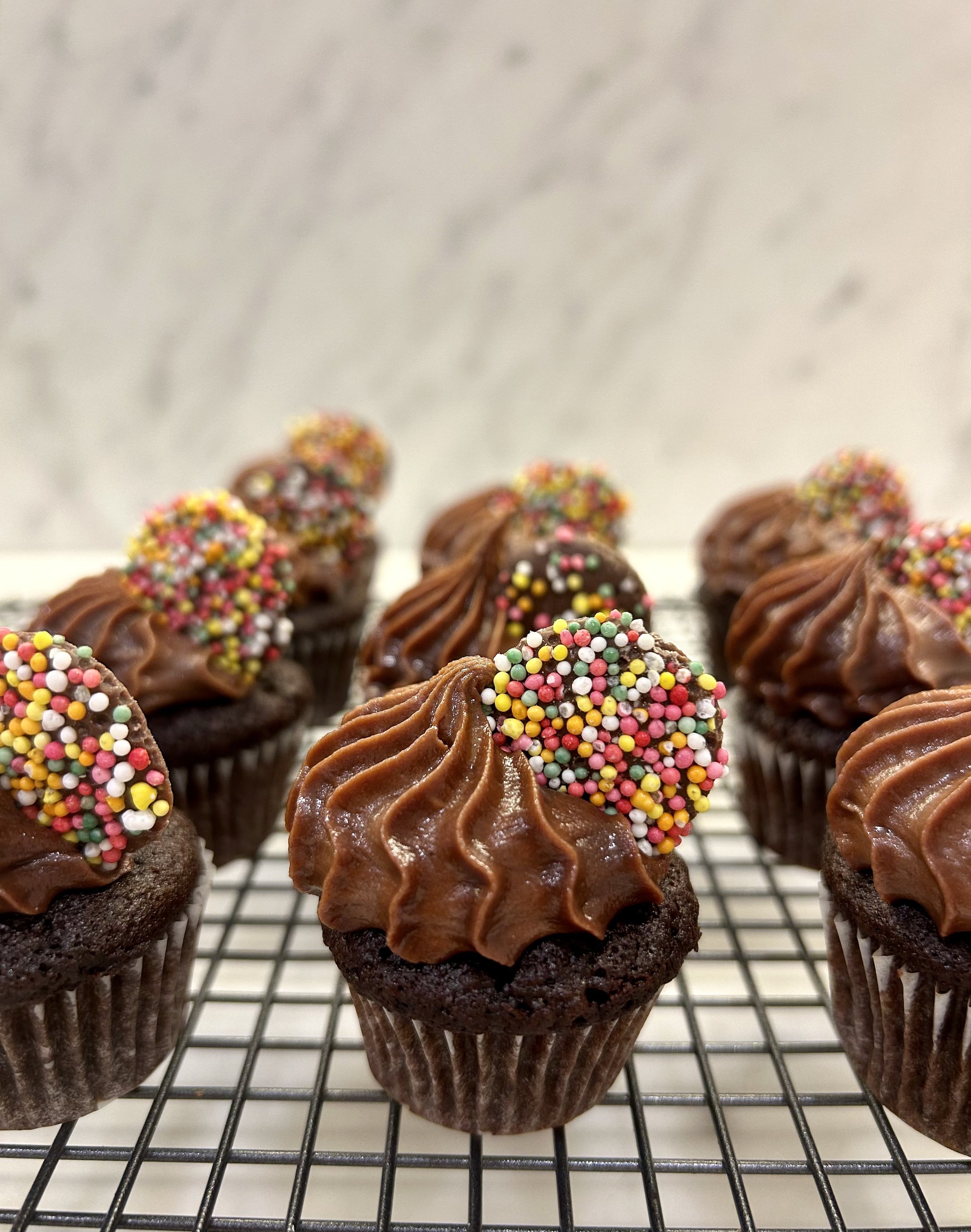 Mini chocolate cupcakes with chocolate fudge frosting