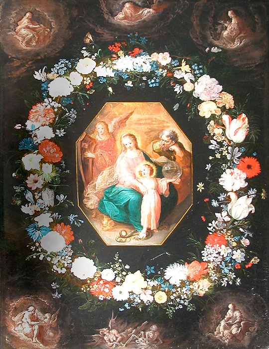 Brueghel (l’ancien? De Velours?)(1568-1625) Sainte famille dans une couronne de fleurs