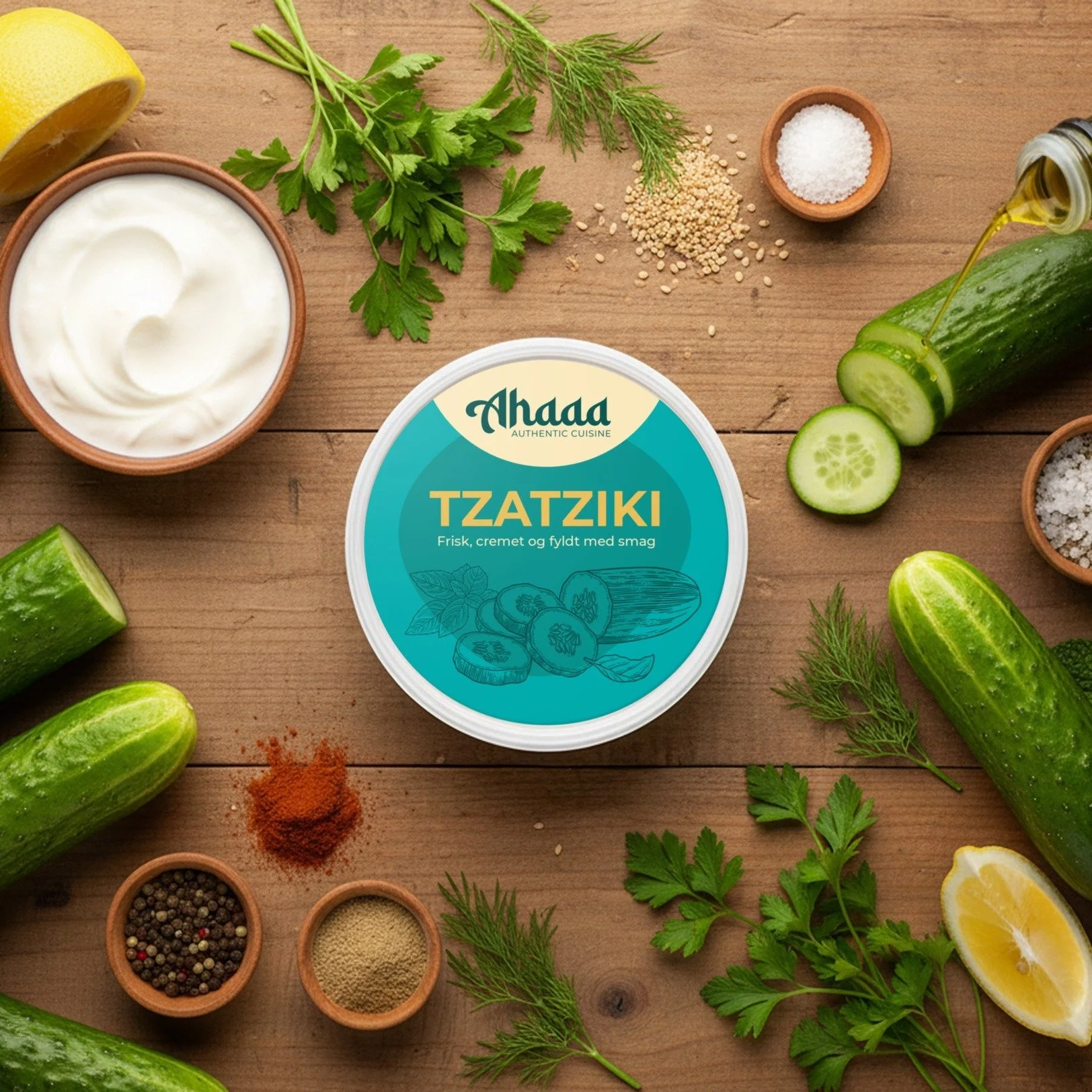 Vi har givet vores emballage et nyt udtryk.
Ikke for at &aelig;ndre, men for at g&oslash;re det lettere for dig.

Her ser du vores Tzatziki, som nu har f&aring;et sin helt egen farve.

Det betyder, at du hurtigt kan spotte din favorit:
i k&oslash;les