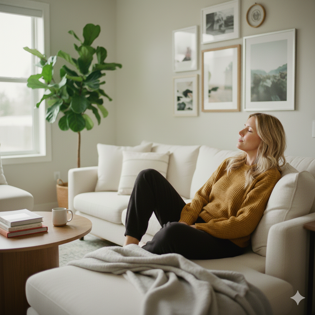 Woman sitting on a couch with eyes closed, relaxing and reflecting, symbolizing personal growth and self-care for women in therapy.