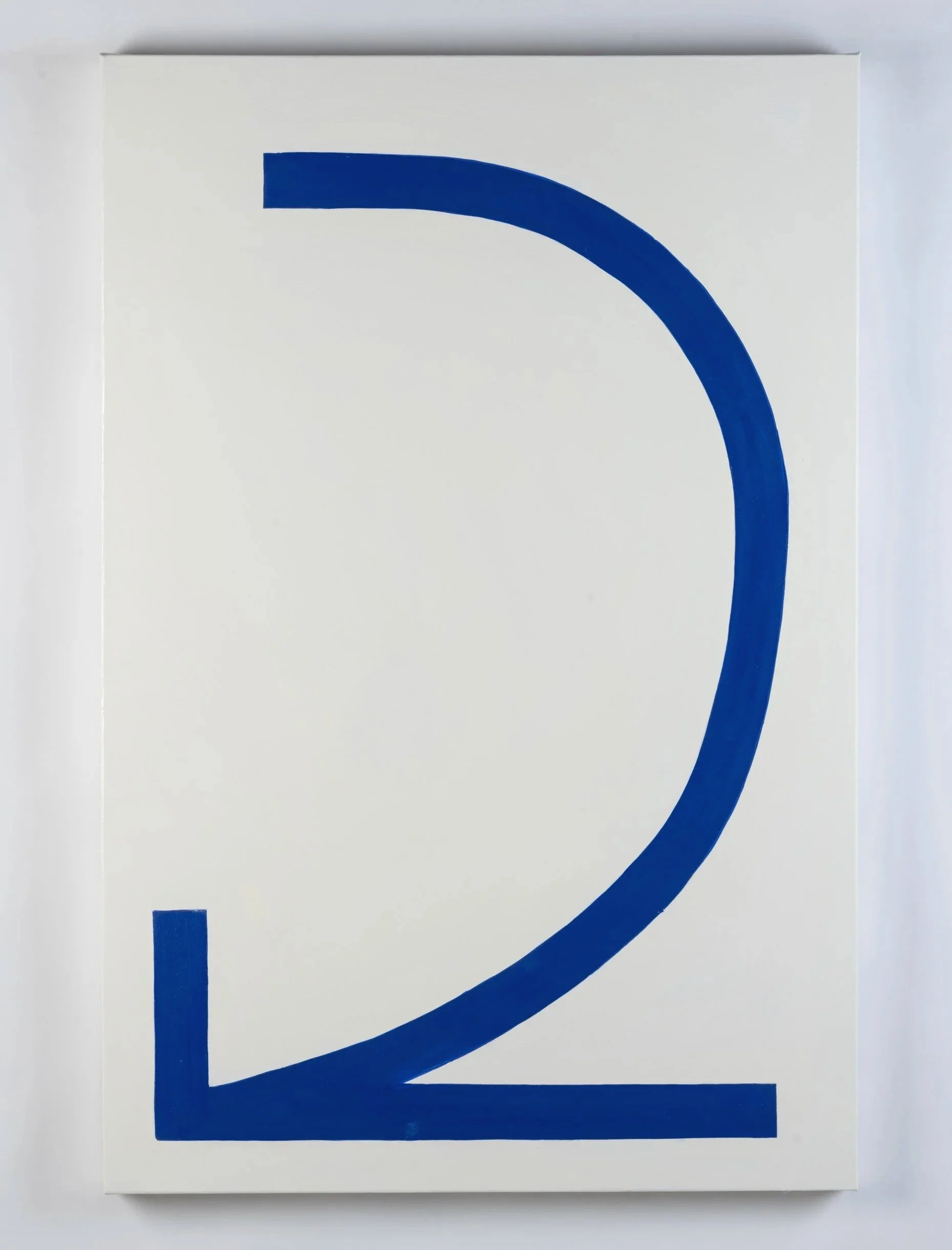 Oil painting by Jessica Mallock, "Transmission V", 2026. cobalt blue on white rectangle, symbol, curve, straight edges, minimal