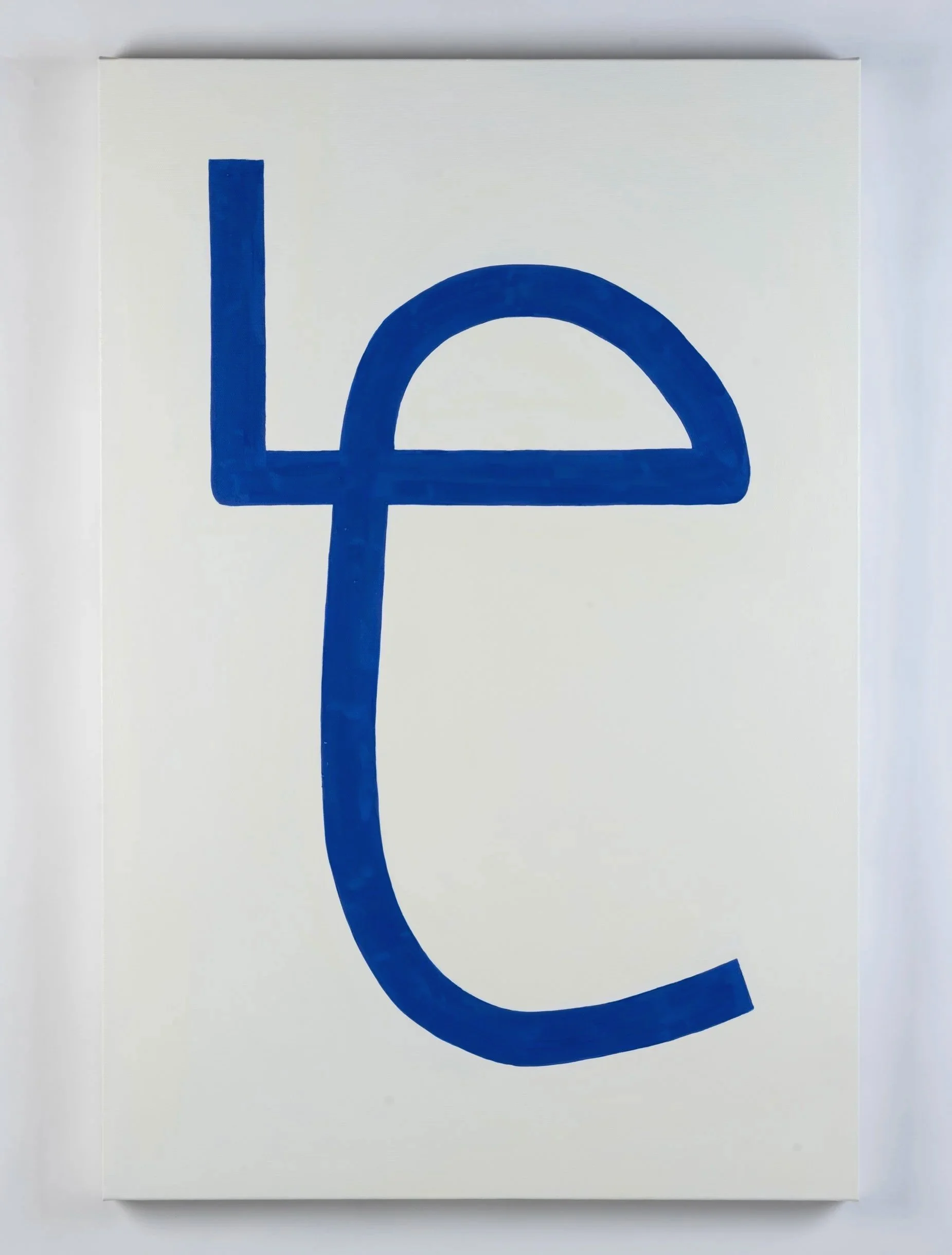 Oil painting by Jessica Mallock, "Transmission III", 2026. cobalt blue on white rectangle, symbol, curve, straight edges, minimal