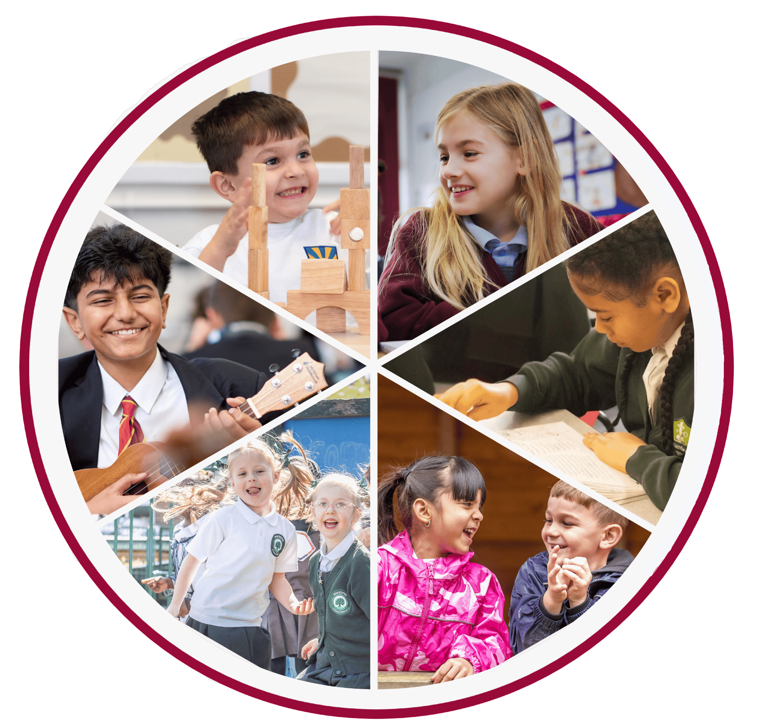 A collage of children engaging in various activities, including playing with wooden blocks, playing guitar, and talking or laughing with each other.
