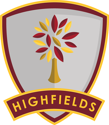 School crest with a tree with red and yellow leaves, gray shield background, and a maroon and yellow banner reading 'Highfields'.