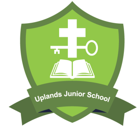School emblem featuring a shield, a cross, a key, and an open book, with the text "Uplands Junior School" at the bottom.